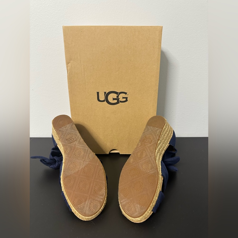 UGG NWT Navy Blue Wedge Sandals with Ankle Bow - Picture 5 of 6